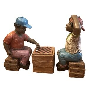 Vintage African-American Boys Brothers Friends Figurines Playing Checkers 1993